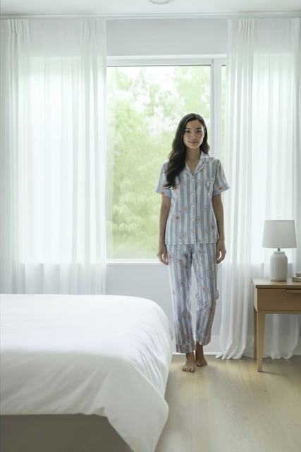 Classic Short Sleeve PJ | Blue/White Stripe with Daisy | 100% Rayon