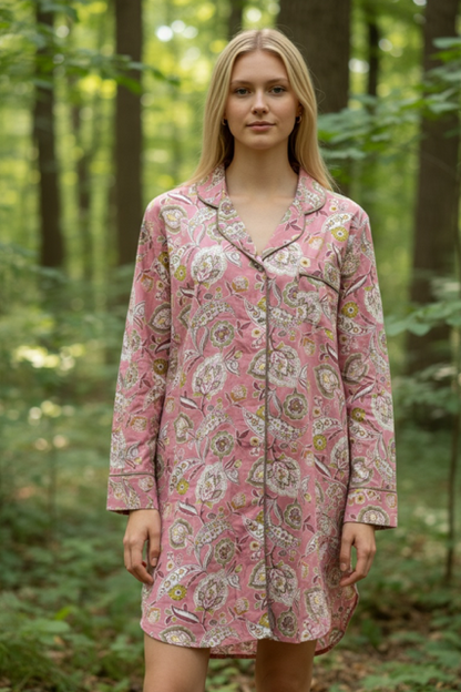 Classic Long Sleeve Sleepshirt | Pink Floral | 100% Cotton