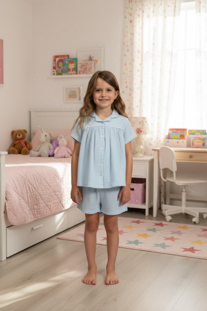 Sky Blue Classic Kiddies Pjs |With Vest and Lace