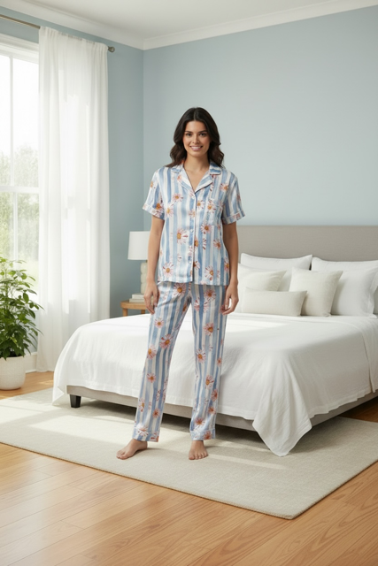 Classic Short Sleeve PJ with Ankle Length Pant|White Stripe with Blue Daisy| 100% Rayon