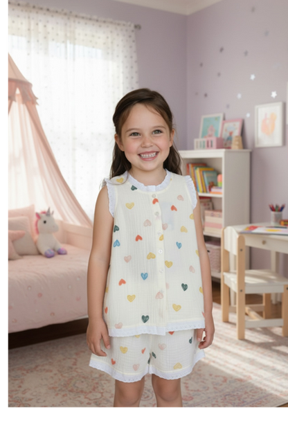 Cream with Hearts Classic Kiddies Pjs |With Vest and Lace