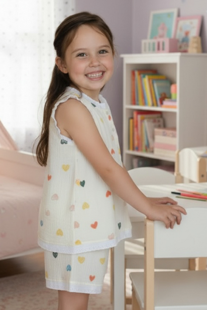 Cream with Hearts Classic Kiddies Pjs |With Vest and Lace