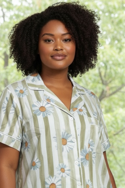 Classic Short Set |  PJ Sage White Stripe with Daisy | 100% Rayon
