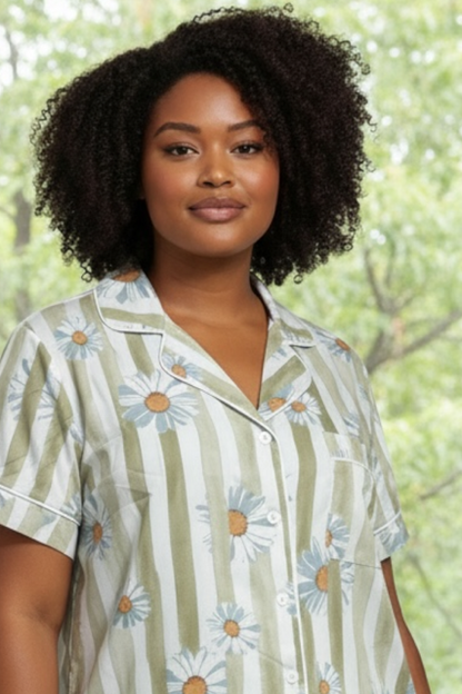 Classic Short Set |  PJ Sage White Stripe with Daisy | 100% Rayon