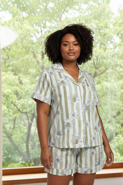 Classic Short Set |  PJ Sage White Stripe with Daisy | 100% Rayon