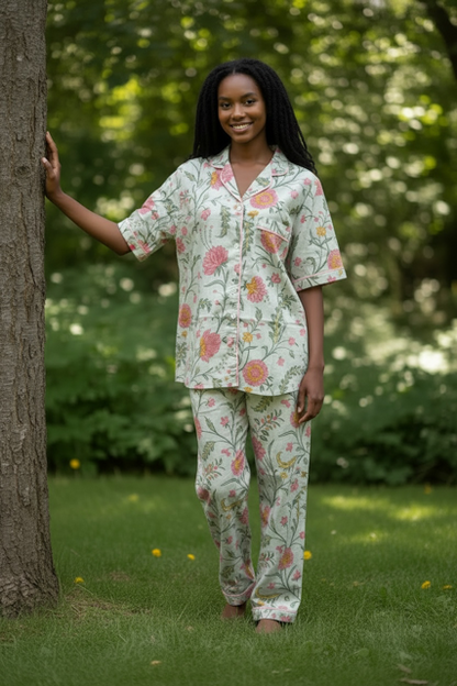 Classic PJ Short Sleeve Top and Long Pant Green and Coral Flower | 100% Cotton