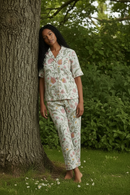 Classic PJ Short Sleeve Top and Long Pant Green and Coral Flower | 100% Cotton