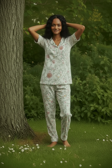Classic PJ Short Sleeve Top and Long Pant Green and Coral Flower | 100% Cotton