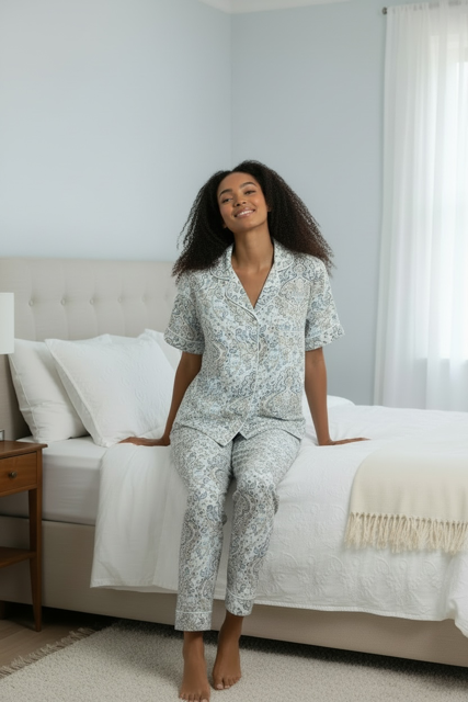 Classic Short Sleeve and Long Pant PJ| Sage and Blue Paisley |100% Rayon