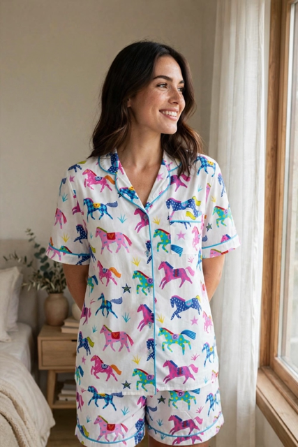 Short Sleeve Top and Short Pant | Galloping Horses | 100% Cotton