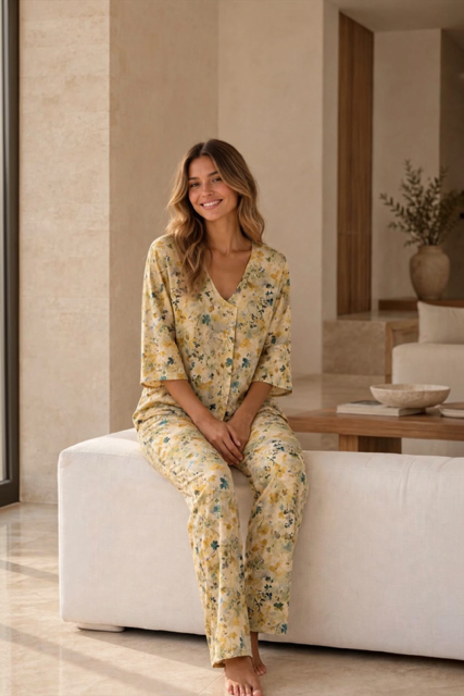 Short Sleeve Top with Mandarin Collar and Ankle Length Pant with Pleat Detail | Golden Yellow Floral | 100% Rayon