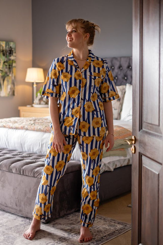 Short Sleeve Top and Long Pant | Navy and White Mustard Flowers | 100% Indian Cotton