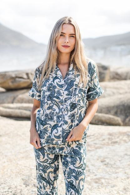 Short Sleeve Top & Long Pant | Blue Paisley | 100% Rayon