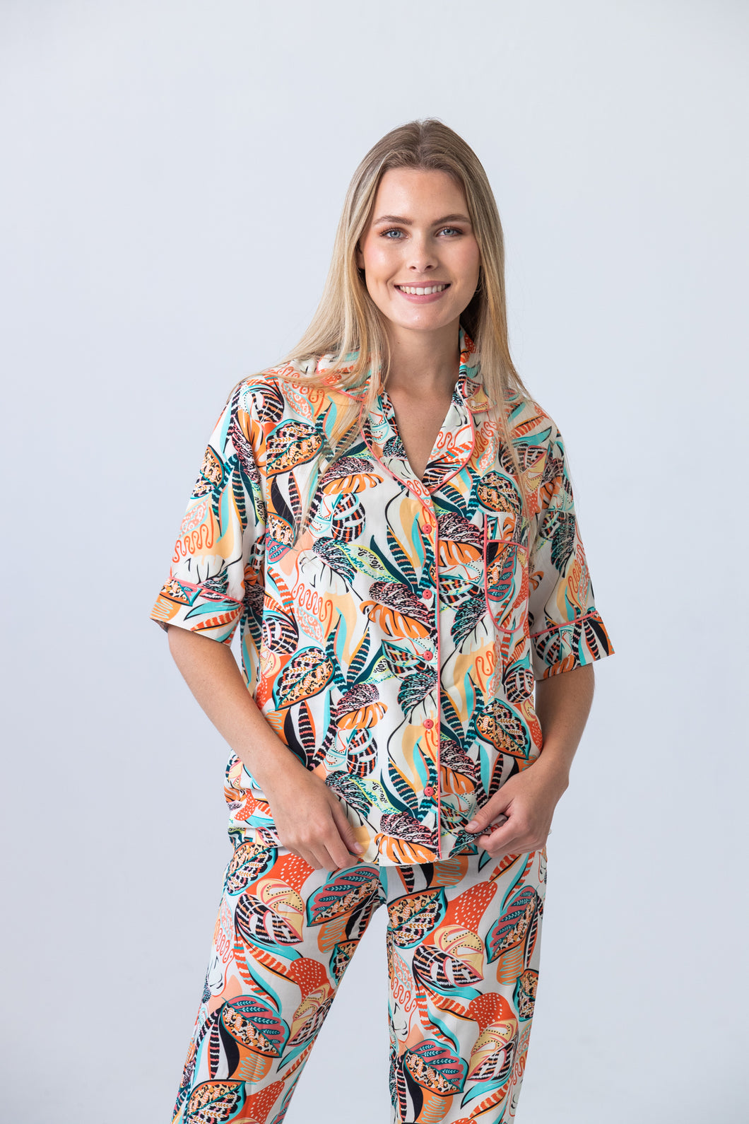 Coral Summer Leaves - Short Sleeve Top & Long Pant