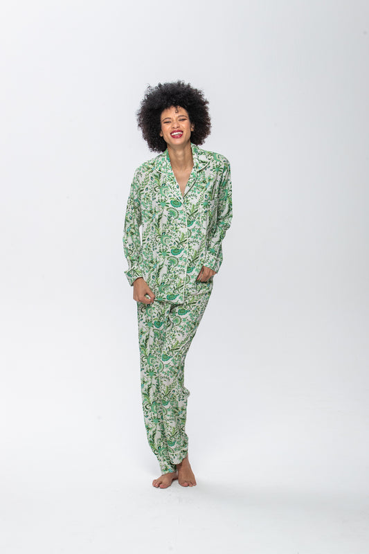 Long Sleeve Top & Pants | Green Floral Leaves | 100% Rayon