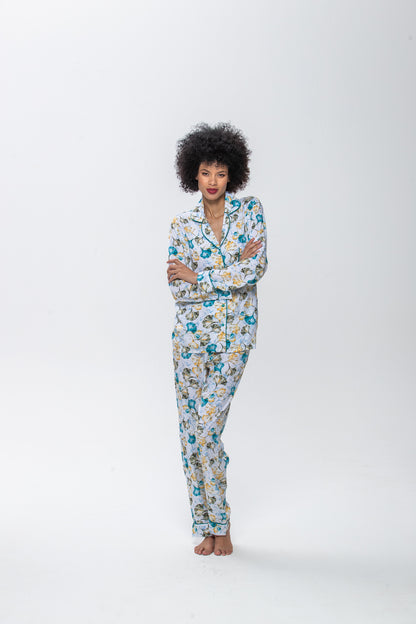 Long Sleeve Top & Pants | Gold and Blue Fan Flower | 100% Rayon