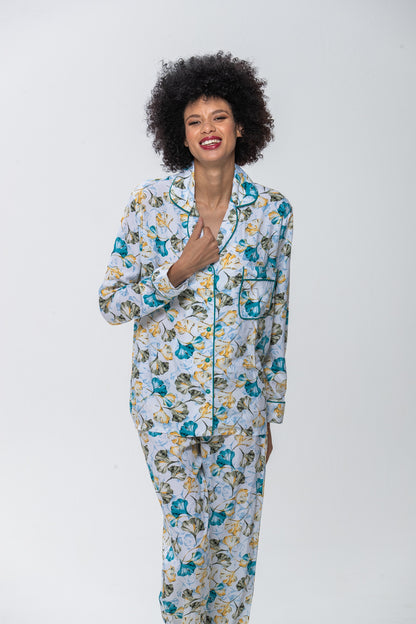 Long Sleeve Top & Pants | Gold and Blue Fan Flower | 100% Rayon