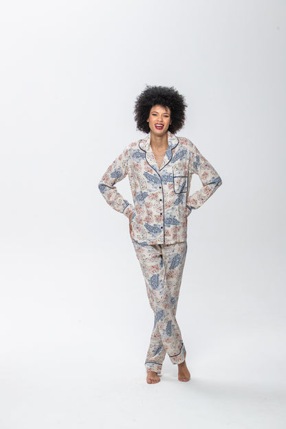 Long Sleeve Top & Pants | Blue & Red Paisley | 100% Rayon