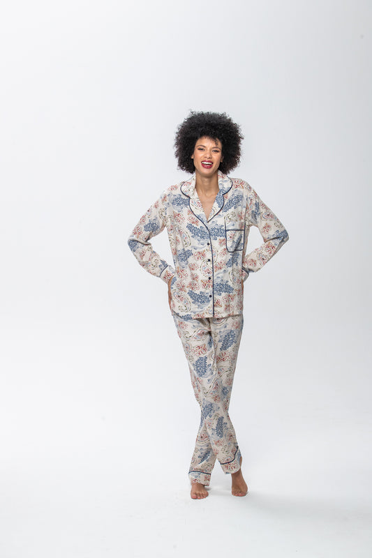 Long Sleeve Top & Pants | Blue & Red Paisley | 100% Rayon