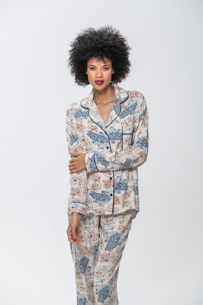 Long Sleeve Top & Pants | Blue & Red Paisley | 100% Rayon