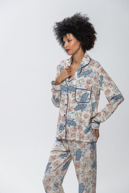 Long Sleeve Top & Pants | Blue & Red Paisley | 100% Rayon
