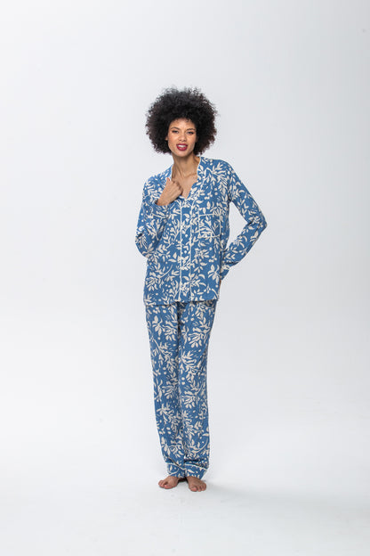 Long Sleeve Mandarin Top & Long Pant | Misty Blue | 100% Rayon