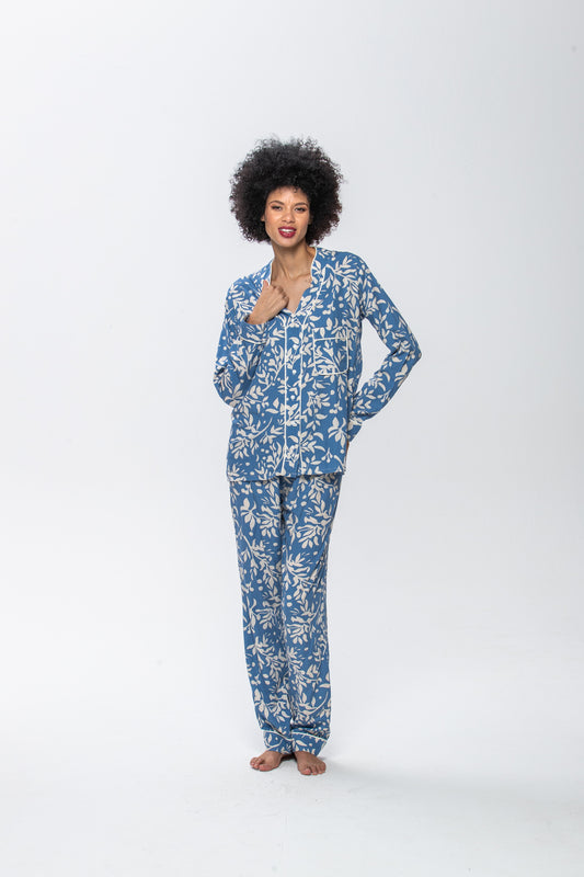 Long Sleeve Mandarin Top & Long Pant | Misty Blue | 100% Rayon
