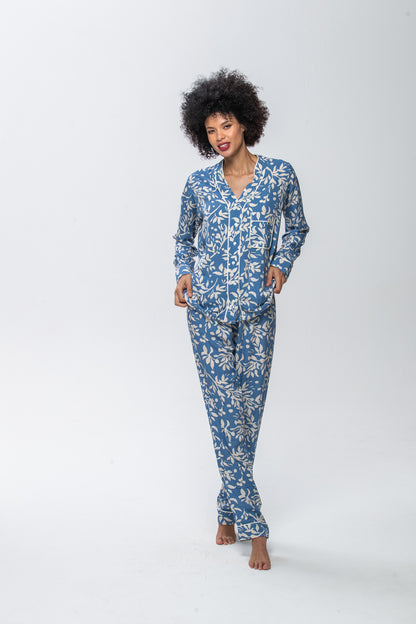 Long Sleeve Mandarin Top & Long Pant | Misty Blue | 100% Rayon