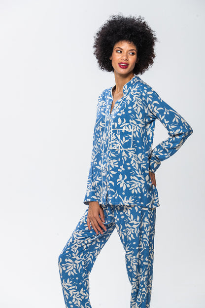 Long Sleeve Mandarin Top & Long Pant | Misty Blue | 100% Rayon