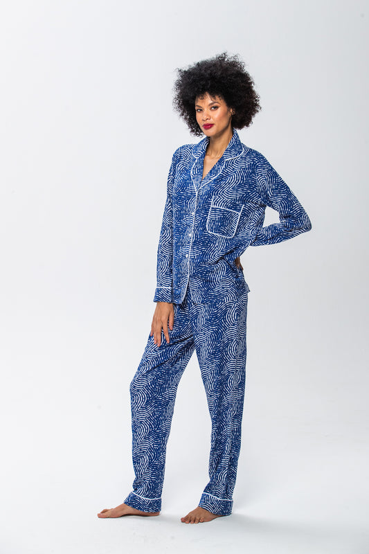 Long Sleeve Top & Pants | Navy with White Swirl | 100% Rayon
