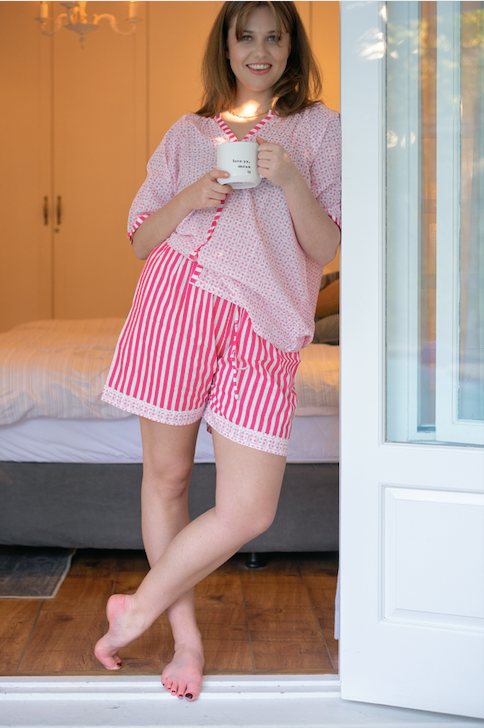 Short Set | Coral & Pink with Stripe Contrast | 100% Indian Cotton