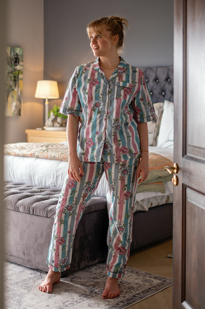 Short Sleeve Top and Long Pant | Grey and Pink Floral Stripes | 100% Indian Cotton