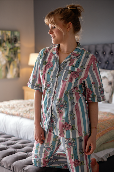 Short Sleeve Top and Long Pant | Grey and Pink Floral Stripes | 100% Indian Cotton