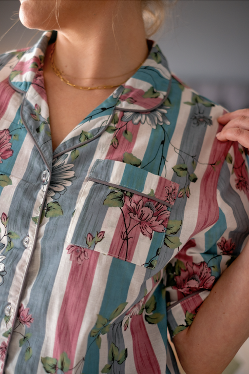 Short Sleeve Top and Long Pant | Grey and Pink Floral Stripes | 100% Indian Cotton