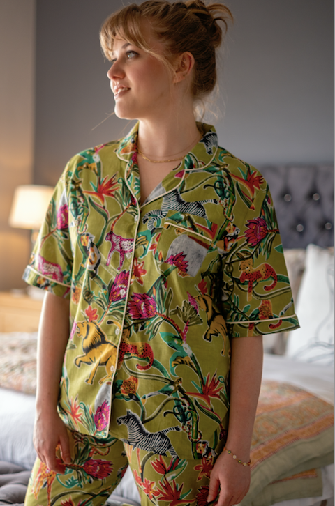 Short Sleeve Top and Long Pant | Green Elephant | 100% Indian Cotton