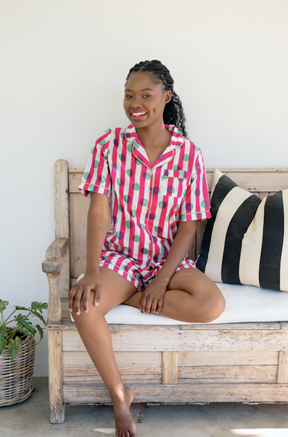Short Set | Pink and White Stripes with Mint Polkadots | 100% Indian Cotton