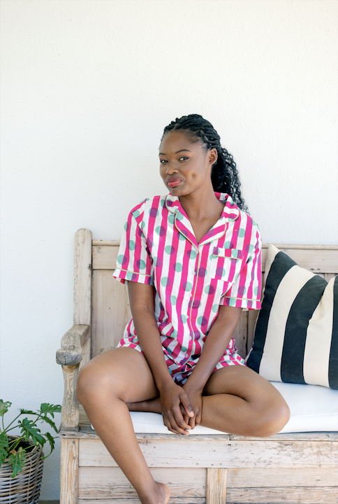 Short Set | Pink and White Stripes with Mint Polkadots | 100% Indian Cotton