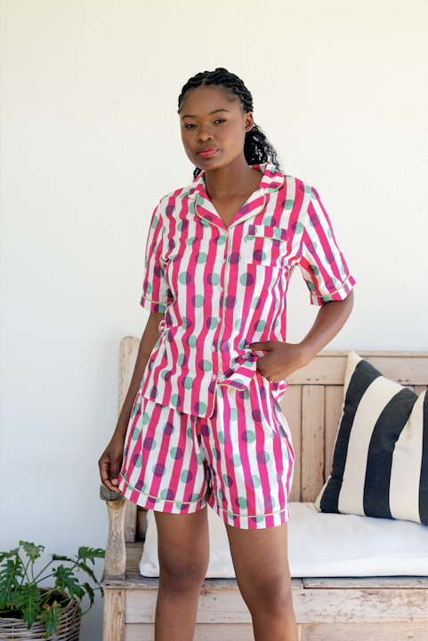 Short Set | Pink and White Stripes with Mint Polkadots | 100% Indian Cotton