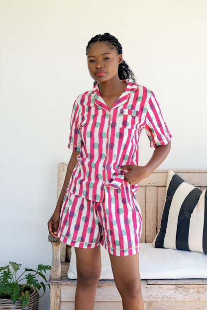 Short Set | Pink and White Stripes with Mint Polkadots | 100% Indian Cotton