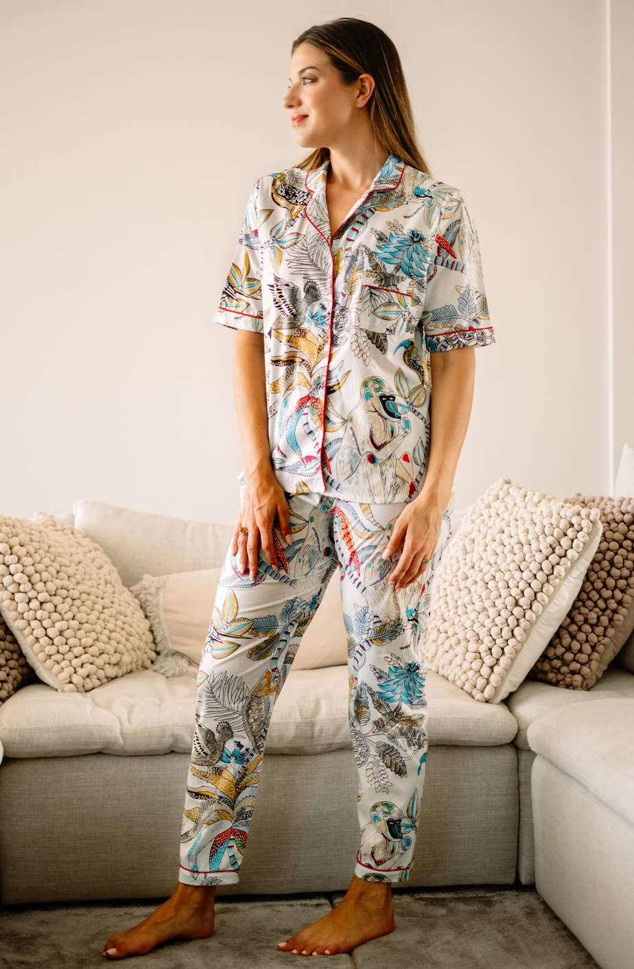 White Monkey Indian Cotton Pjs - Short Sleeve Top and Long Pant