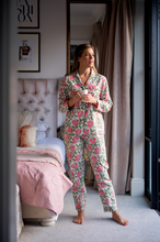 Load image into Gallery viewer, Green and Coral Flower 100% Indian Cotton Pjs - Long Sleeve Top and Long Pant

