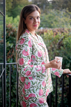 Load image into Gallery viewer, Green and Coral Flower 100% Indian Cotton Pjs - Long Sleeve Top and Long Pant
