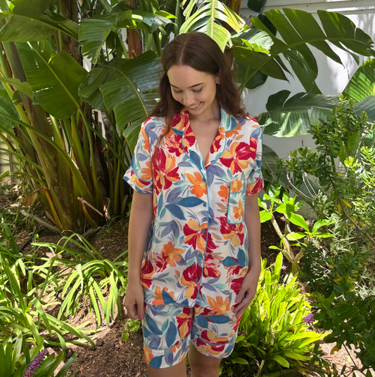 Short Set | Blue & Orange Floral | 100% Rayon