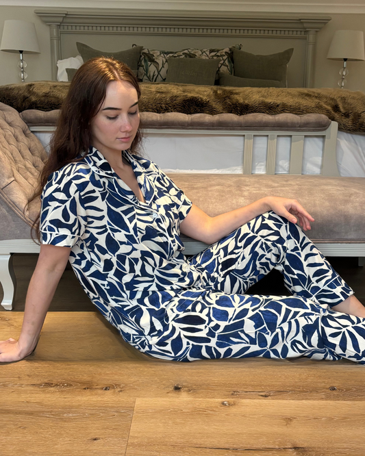 Short Sleeve Top & Ankle Length Pant | Navy Ivory Abstract Floral | 100% Rayon