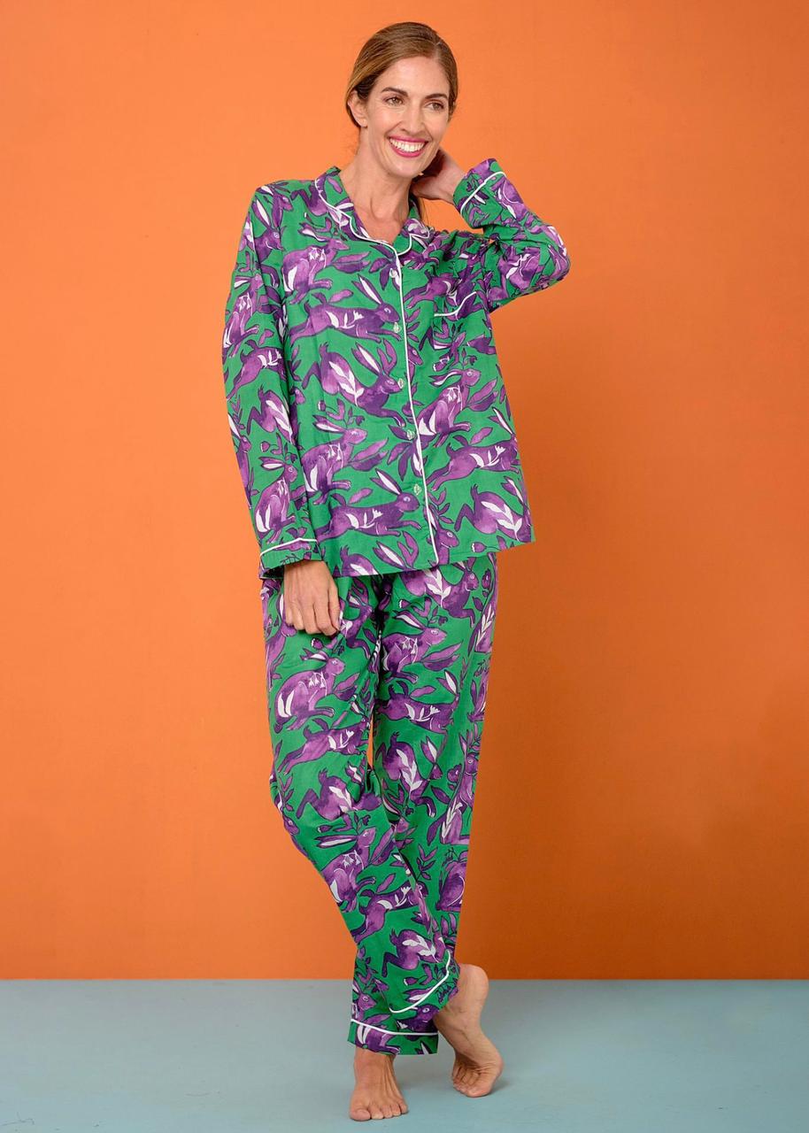 Green with Purple Bunny Classic 100% Indian Cotton Pjs - Long Sleeve Top & Pant