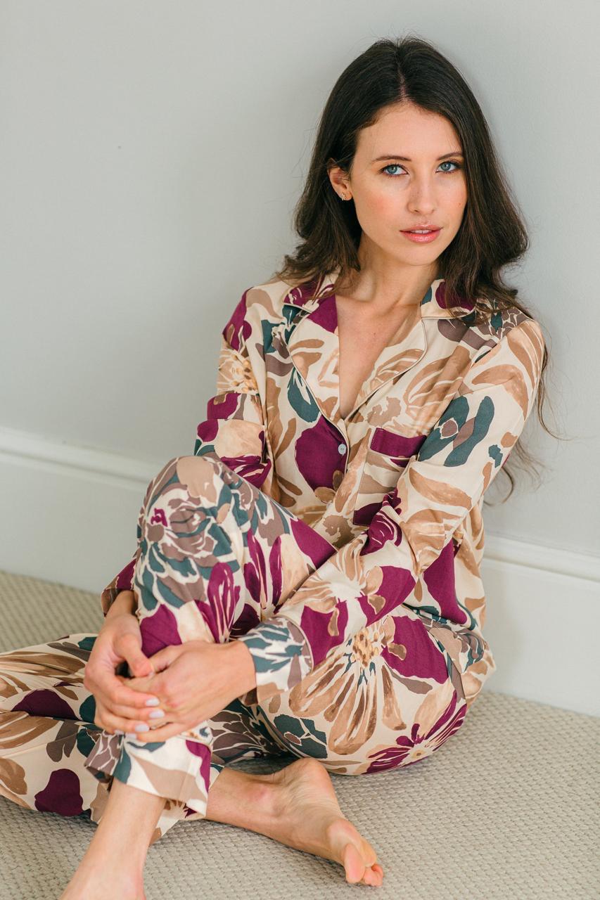 Long Sleeve Top & Pant | Stone with Plum Floral | 100% Rayon