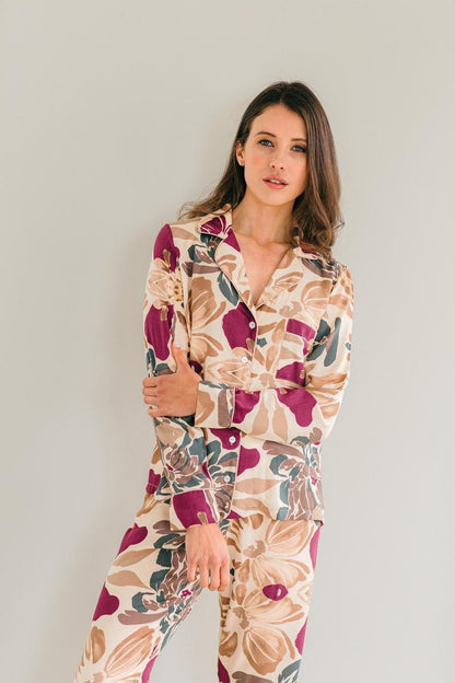 Long Sleeve Top & Pant | Stone with Plum Floral | 100% Rayon