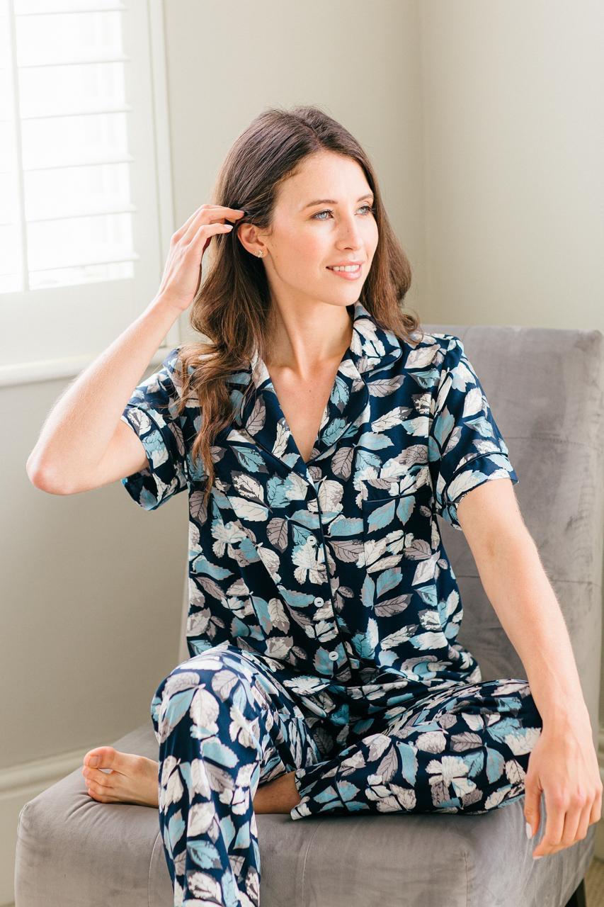 Short Sleeve Top and Ankle Length Pant | Navy Leaf | 100% Rayon