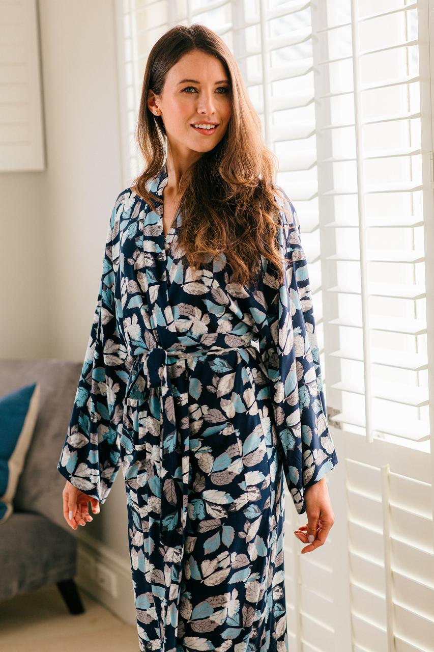 Kimono Gown | Navy Leaf | 100% Rayon