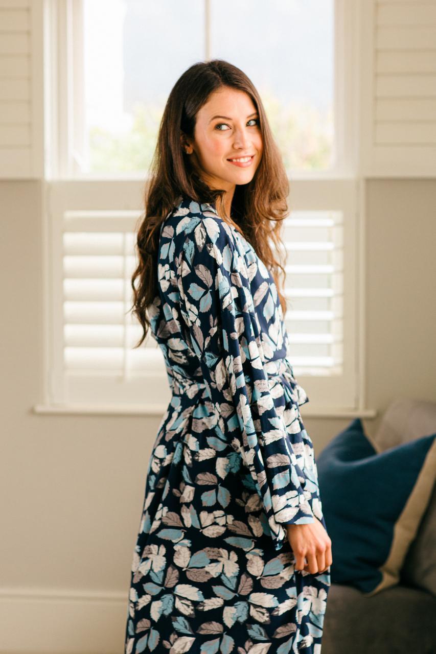 Kimono Gown | Navy Leaf | 100% Rayon